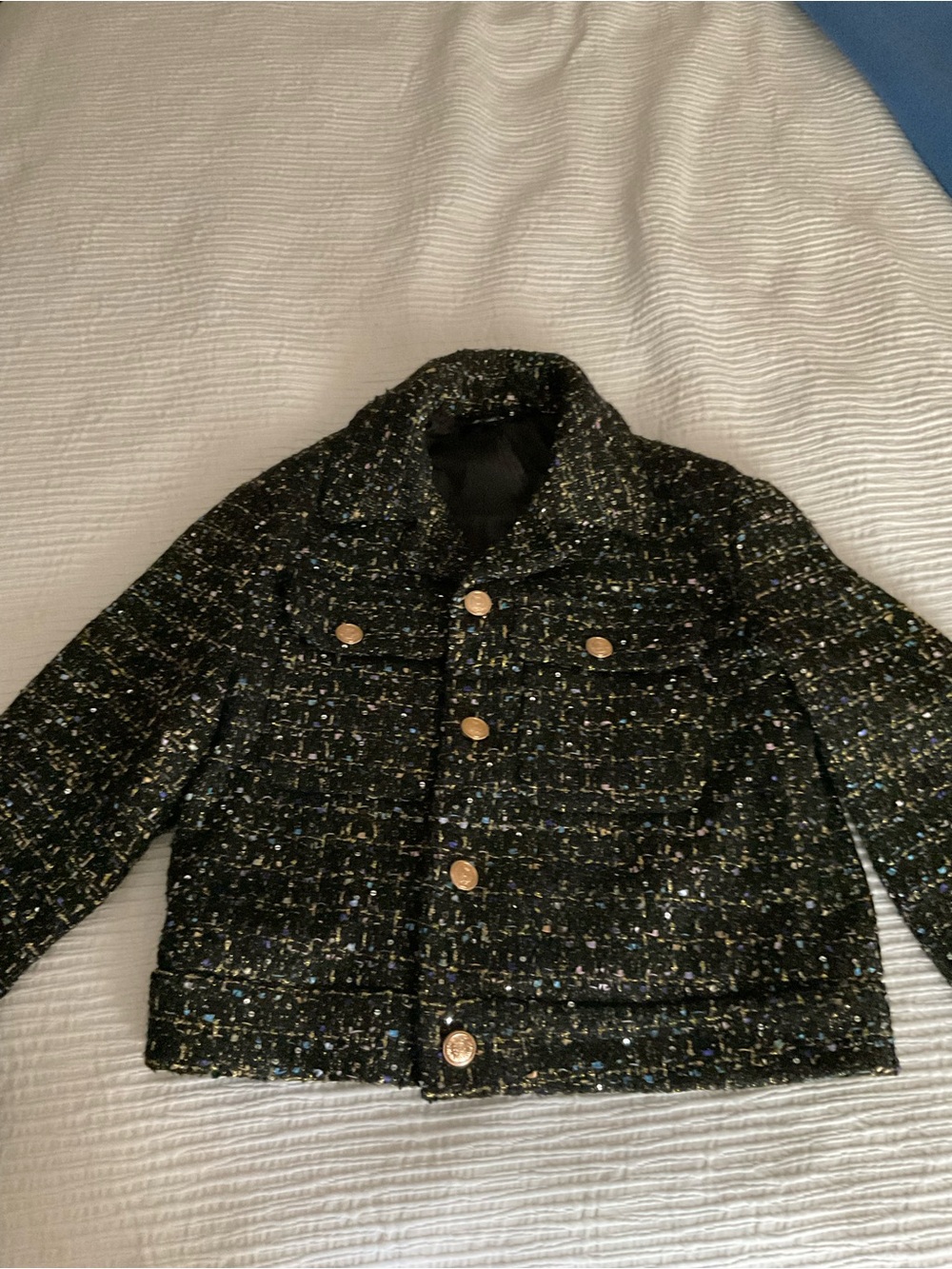 Marled Black Tweed Jacket with Gold Buttons